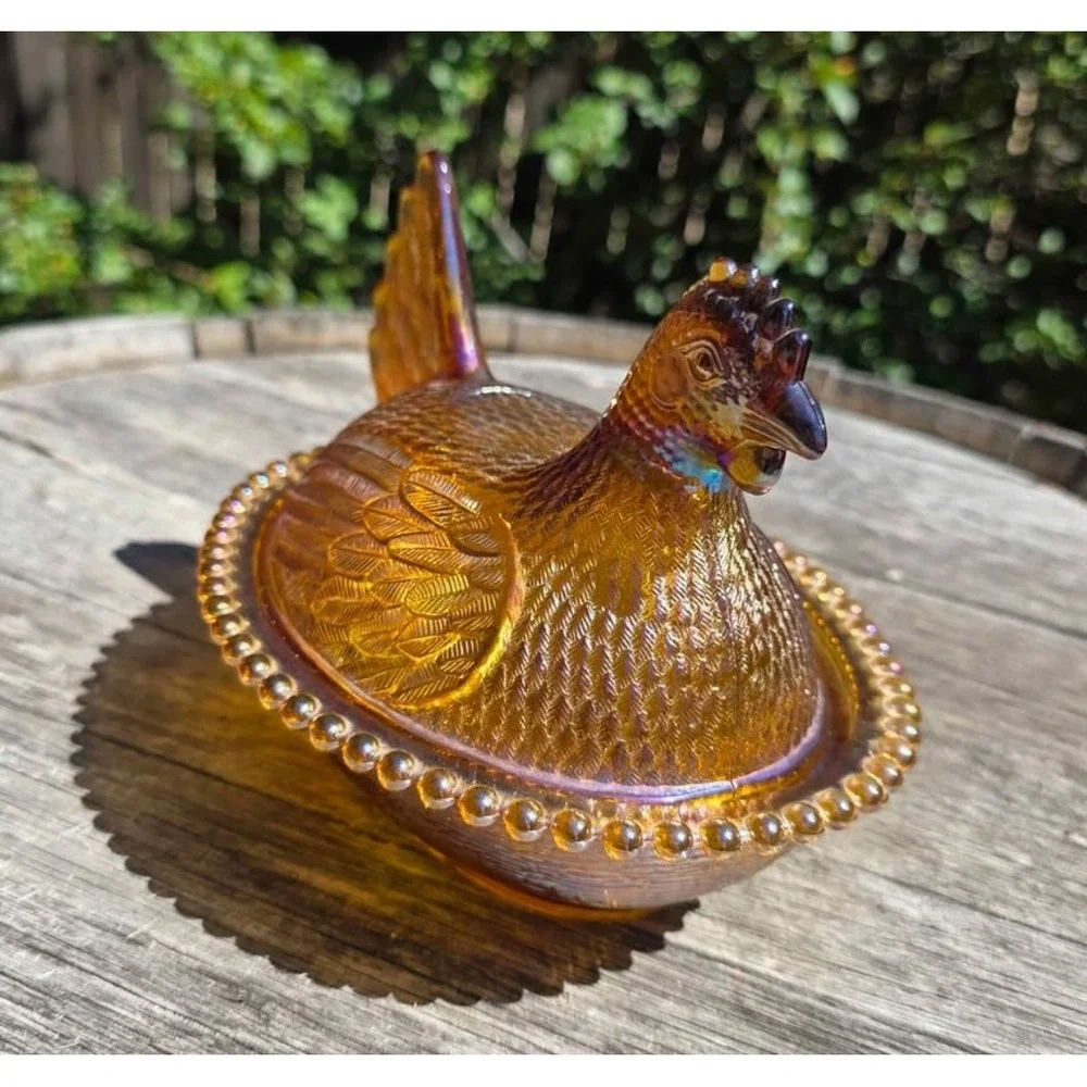 Indiana Glass Amber iridescent Carnival Glass Hen on Nest Covered Dish Rare VTG